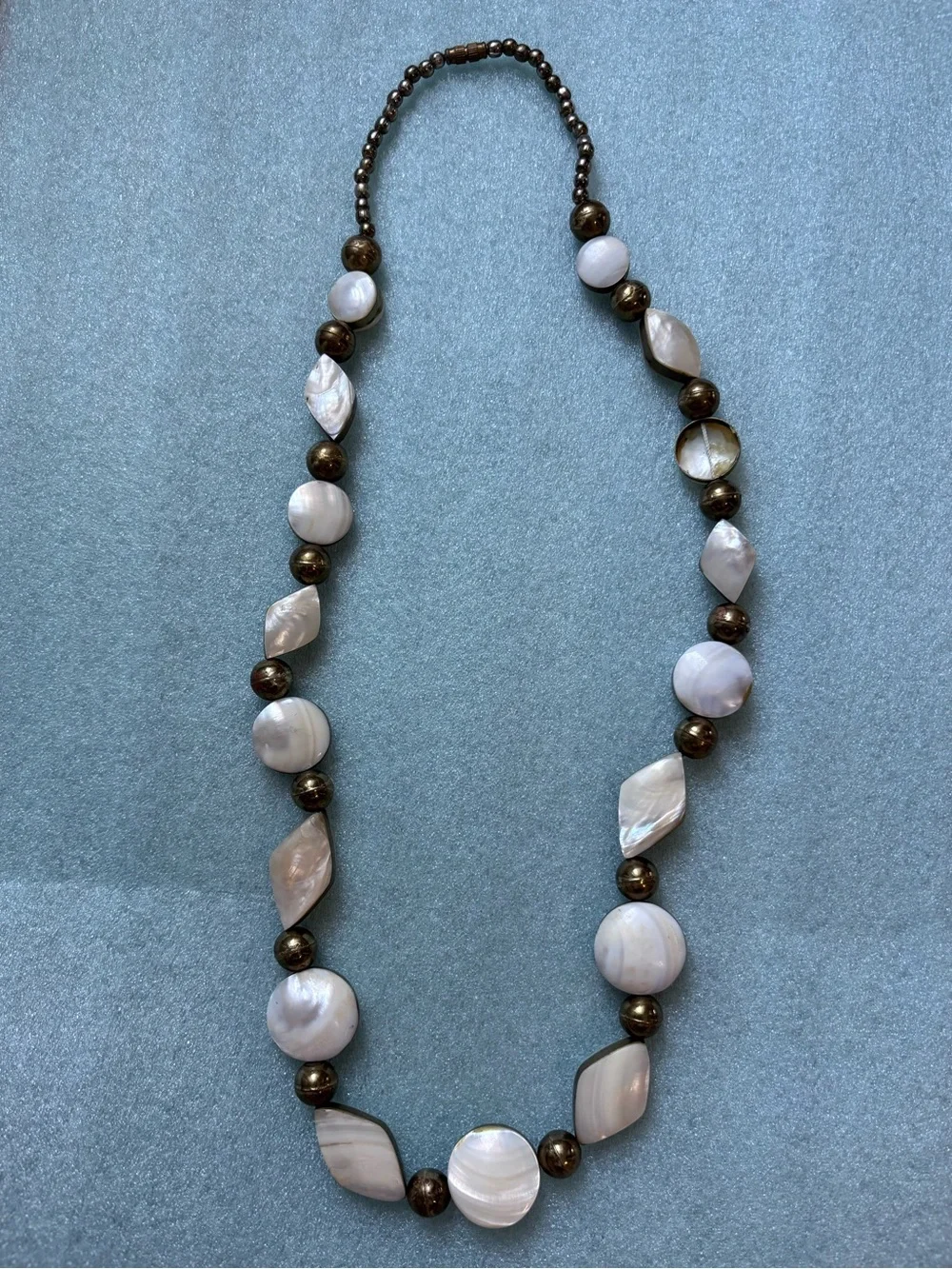 Mother of Pearl Shell & Bronze Tone Beaded Statement Necklace Vintage Boho Coast